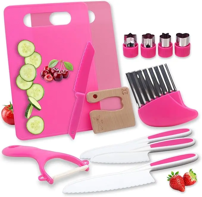 Summer Spring Gift Kids Kitchen Knife Set, Kids Knife Set Include Serrated Edges Plastic Valentine Toddler Knife,Kids Knives For Real Cooking With Cutting Board