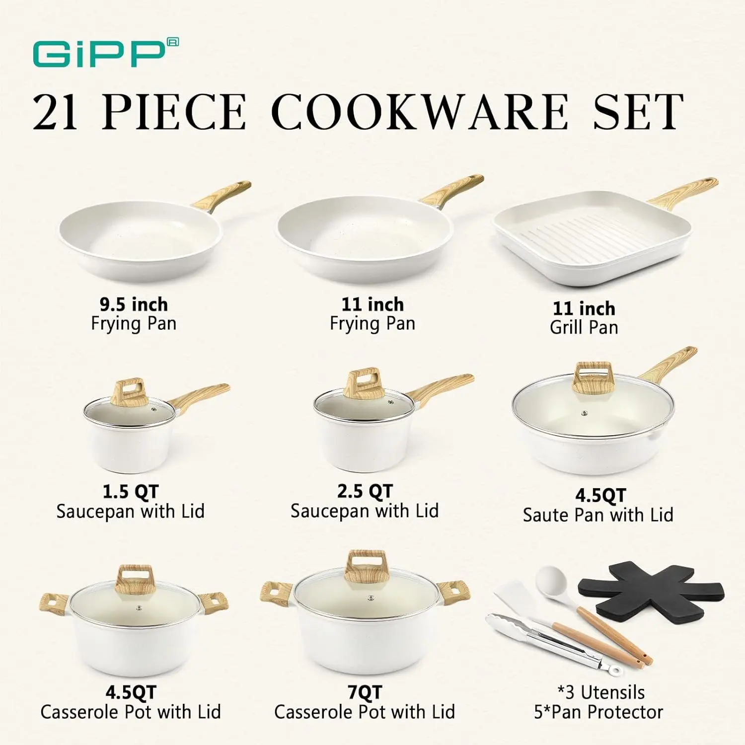GiPP 21 Psc Pots and Pans Set Non Stick - White/Grey Granite Kitchen Cookware Sets Nonstick Induction Cookware Non-toxic Cooking Pan Set with Silicone Utensils, PFOS and PFOA Free,SpringTok,TikTok Shop Deal