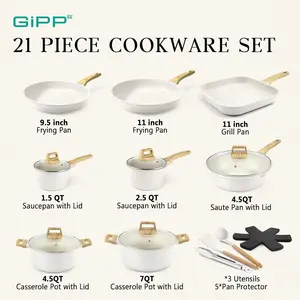 GiPP 21 Psc Pots and Pans Set Non Stick - White/Grey Granite Kitchen Cookware Sets Nonstick Induction Cookware Non-toxic Cooking Pan Set with Silicone Utensils, PFOS and PFOA Free,SpringTok,TikTok Shop Deal
