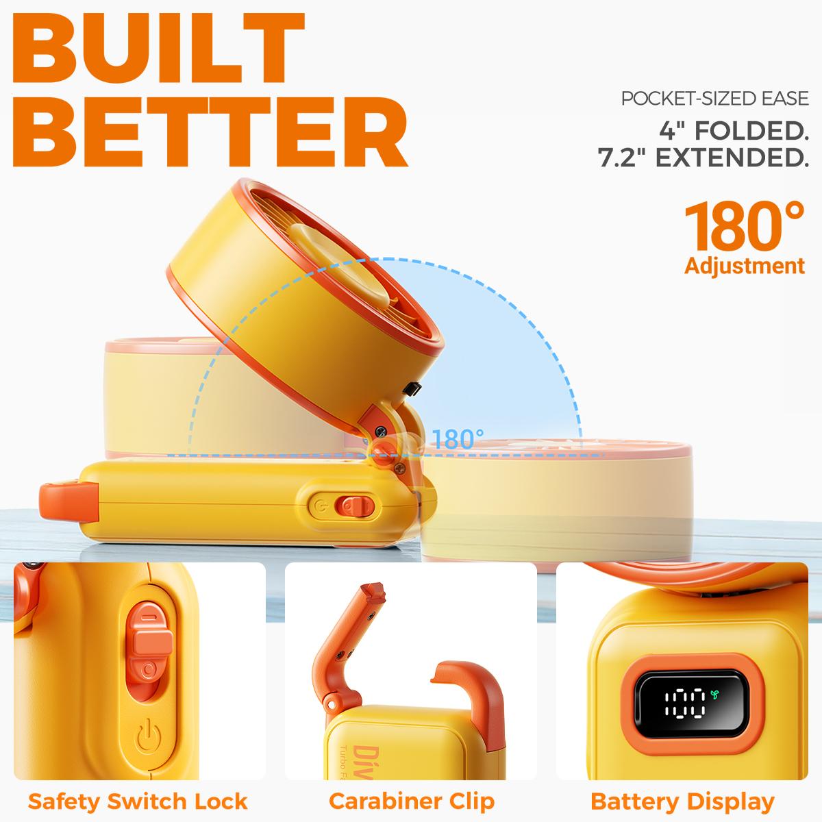 DiveBlues D6036 Portable Handheld Turbo Fan Ice-Cooling Battery Operated, Up to 15 Working Hours,100 Gear Wind High Speed 5-in-1 Foldable for Summer Travel Vacation Essentials,Outdoor Activities,Beach,Indoor Use Office Desk Usage menopause hot flash