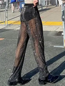 INCERUN Men's Fashion Sexy Long Trousers, Loose Transparent Sequins Glitter See-Through Pants, Suitable for Daily Wear