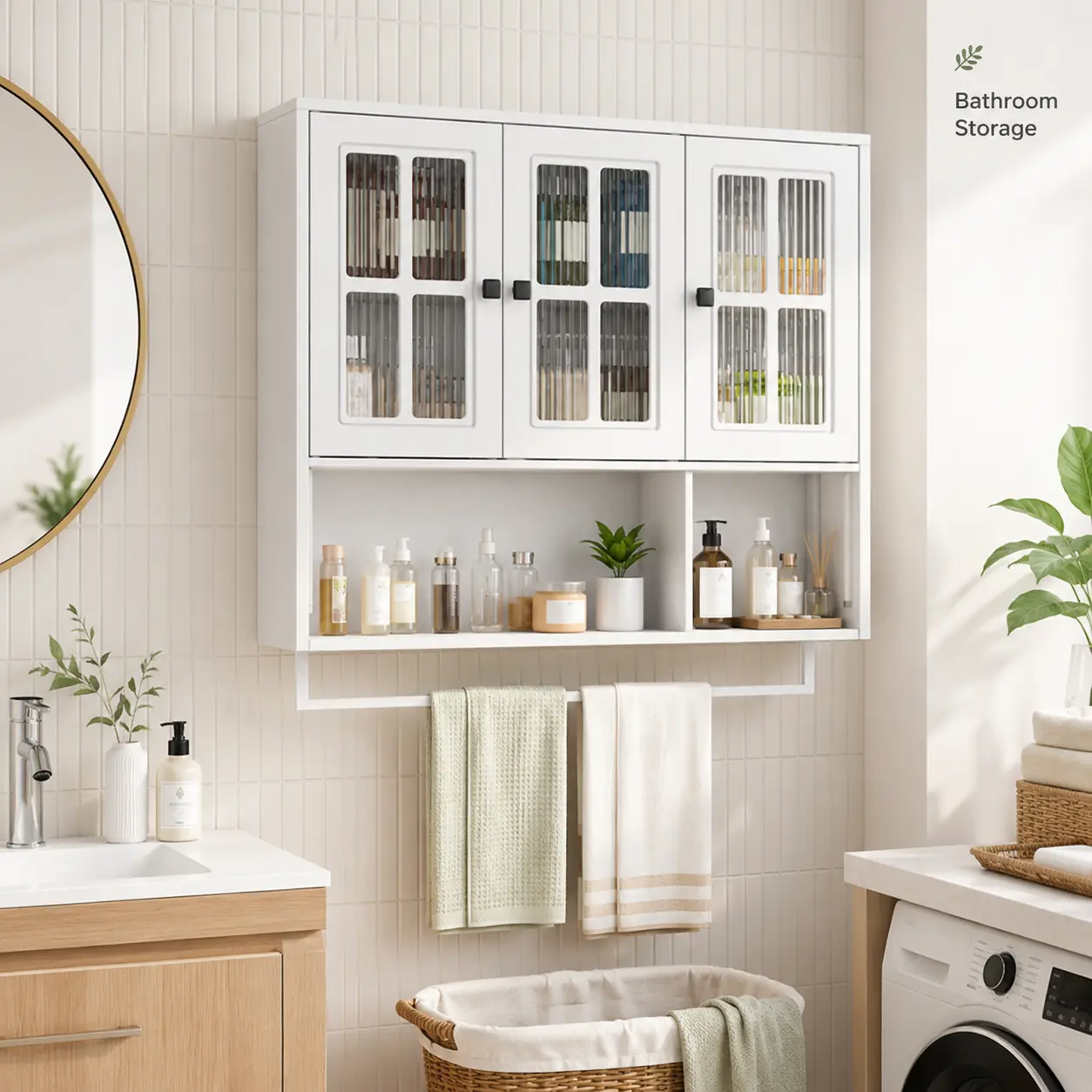 3-Door Wall-Mounted Bathroom Cabinet with Glass Door, Open Shelves, Hidden Storage & Towel Bar for Entryway, Living Room
