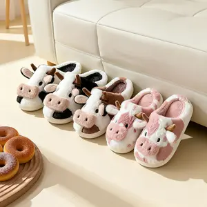 Cute Cartoon Cow Women’s Slippers – Plush-Lined, Warm & Cozy Winter Indoor & Outdoor Shoes, Non-Slip Soft Cotton Footwear for Home, Autumn, Walking, Casual Living, Gift-Ready Fashion