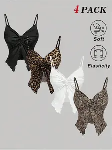 Summer Comfort Casual Solid Color Leopard Print Versatile Butterfly Shape Adjustable Spaghetti Strap Tank Top Set, Four-Piece Set