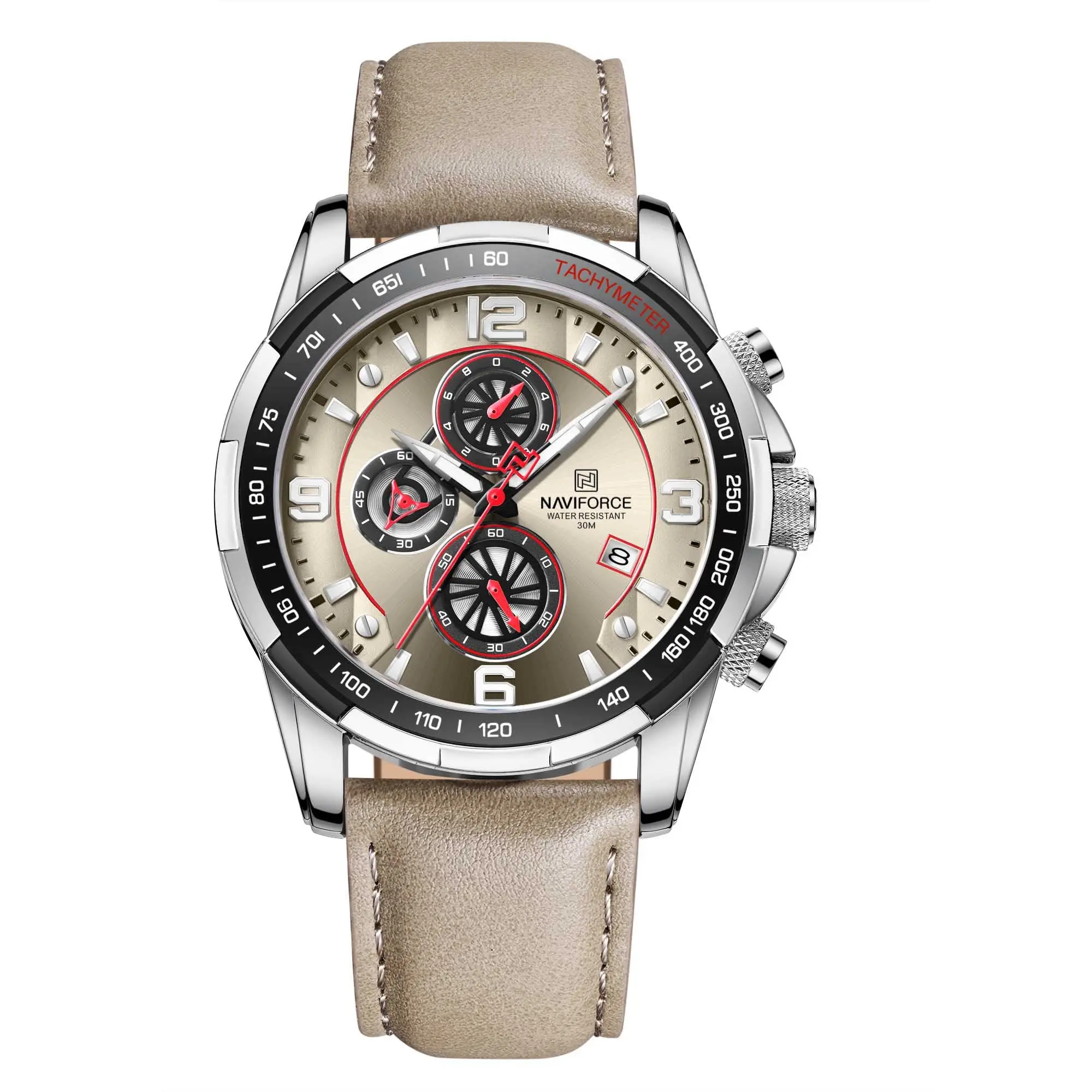 Naviforce NF8020L Chic Fashion Men's Chronograph Wristwatch - 46mm Rounded Face Pig Skin Leather Band, Alloy Case, Sport-Casual Business Analog Quartz Watch