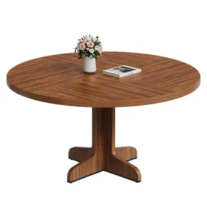 Modern Farmhouse 47 Inch Round Dining Table – Wooden Top and Stable Base – Ideal for Kitchen, Dining Room, or Living Room – Rustic Brown or Grey (Only Table)