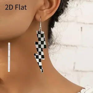[Bold Lightning Bolt Earrings] Bold Earring Design, 2D Flat Pair of Western-Style Geometric Black and White Checkered Lightning Bolt Earrings | Alloy Posts for Casual Attire, Creative Design