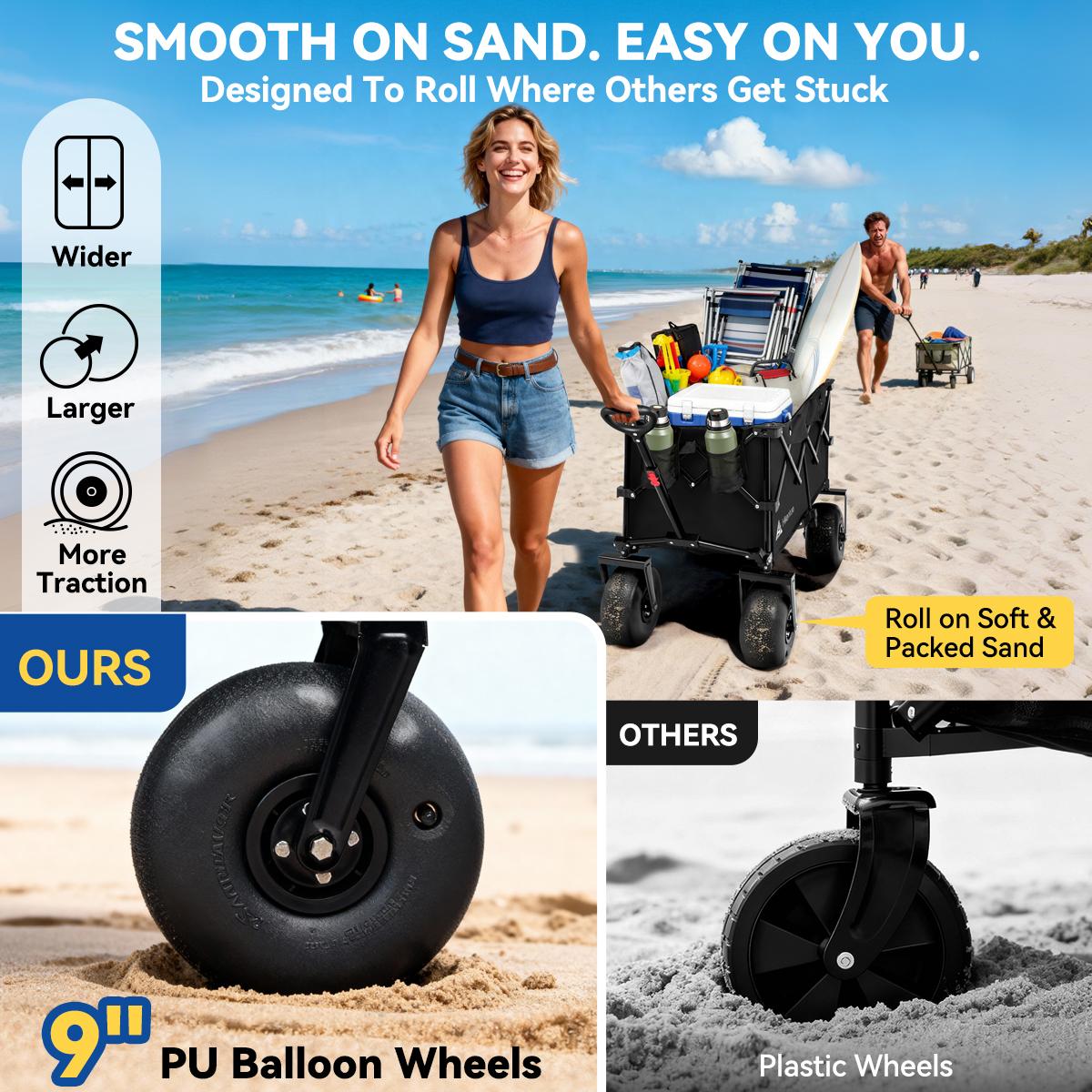 Hikenture Beach Wagon with Balloon Wheels, 9" PU Tires Collapsible Wagon, 440lbs Heavy Duty Beach Cart with Big Wheels for Sand, Large Capacity Utility Wagons Carts Foldable