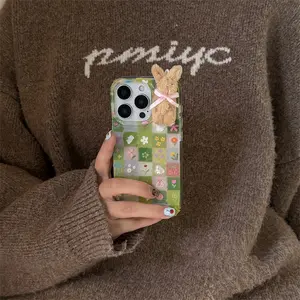 iPhone 13/14/16/17 Pro Max phone case | Double layer IND | Green grid floral rabbit splicing | 3D plush rabbit | Best friend gift | Crystal transparent white IND for iPhone 11 12 13 14 15 16 17 Pro Max
