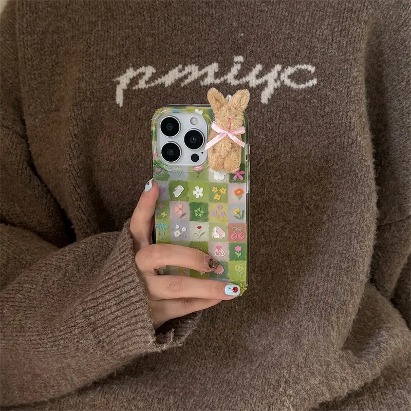 iPhone 13/14/16/17 Pro Max Protective Shockproof phone case Shockproof Protective Cover | Double layer IND | Green grid floral rabbit splicing | 3D plush rabbit | Best friend gift | Crystal transparent white IND for iPhone 11 12 13 14 15 16 17 Pro Max