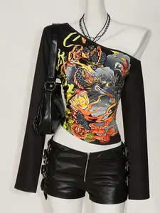 Women's Minimalist Long Sleeve Asymmetrical Neck Off-Shoulder T-Shirt, Trendy Print Design, Comfortable Casual Chic Wear for All Seasons