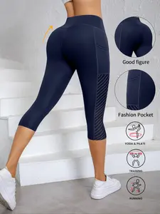 Women's High-Waist Peach Lift Yoga Capris, Breathable & Stretchy Workout Leggings with Pockets, Non-Transparent Polyester Blend, High Waisted Leggings