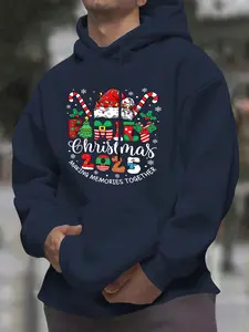 Christmas Hoodie Cream Color, Holiday Design with Santa Hat & Candy Cane, Fitted Casual Style, Geometric Pattern, Fall&winter
