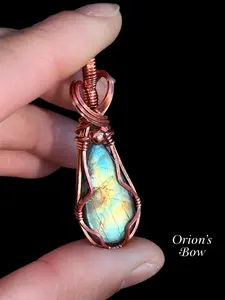 Orion's Bow Handcrafted Wire Wrapped Labradorite Necklace with Multi-Color Flash Pendant on 20in Faux Leather Chain Spiritual Gift for Intuition Protection
