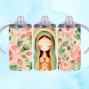 Virgencita 12 oz Sippy Cup Dual Lid with Straw Included - Floral Design & Virgin Illustration - Perfect for Drinking