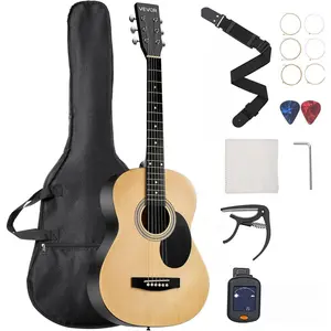 VEVOR Dreadnought Acoustic Guitar, 36 in, 6-String Natural Solid Top Guitar, Portable Bundle with Gig Bag, Tuner, Strap, Steel Strings, Picks, Capo, Rosewood Fingerboard, for Beginner Teen Small Hands