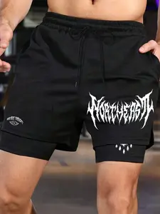 Men's Professional Gym Shorts, Death Metal Print, Compression Inner Layer, High-Quality Moisture-Wicking Fabric, Breathable Mesh, Sporty Style