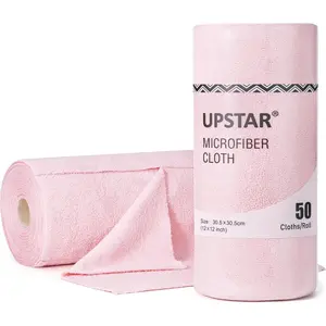 Microfiber Cleaning Cloth, Reusable Paper Towels Rolls, Dish Rags for Washing Dishes, Kitchen, Bathroom, Car, 12x12 inch, 50 Packs/Roll, Pink