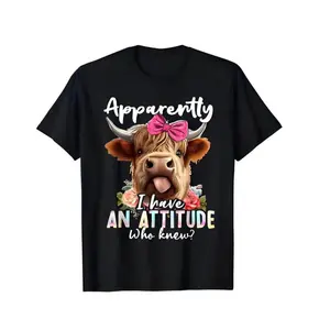Cotton Apparently I Have An Attitude Sarcastic Highland Cow Design Unisex Tee Round Neck Short Sleeves Menswear Casual Tops Golf Gift T-ShirtUnisex T-shirts M-5XL