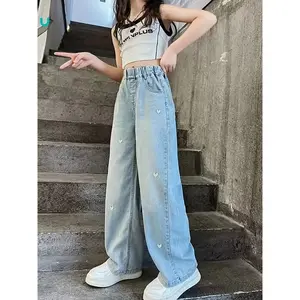 [Girls' Wide Leg Jeans] Wide Leg Girls' Jeans |       2025 Spring & Autumn, Casual Loose Fit, Heart Embroidery, Long Length, Polyester Spandex Blend, Machine Washable, for Youngsters 12 & Under