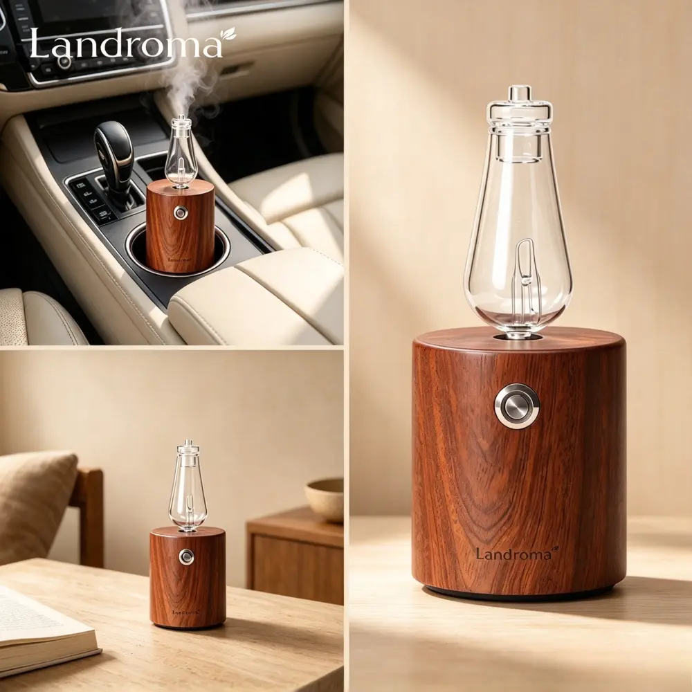 LANDROMA Compact Waterless Nebulizing Aroma Diffuser with Solid Wood Base, Glass Bottle, Cold-Air Diffusion, Auto Shut-Off, USB-Powered Rechargeable Design for Car Cup Holder, Car/Office Use