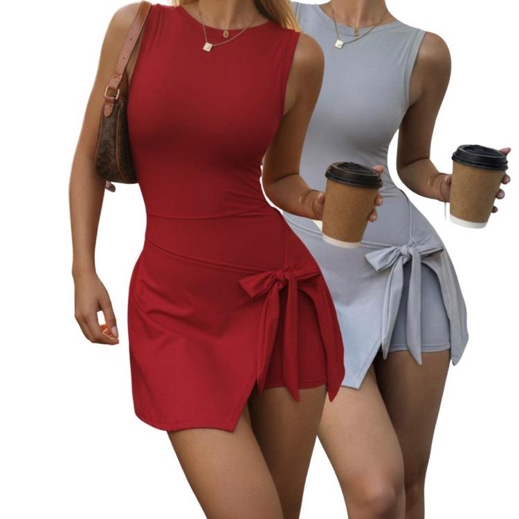 Cool summer style, figure-hugging and leg-slimming silhouette, secure coverage, strategically cut back with built-in non-slip lining, versatile office and gym dress, elegant sleeveless workout dress with back detail, retro summer 2-piece yoga set for wome