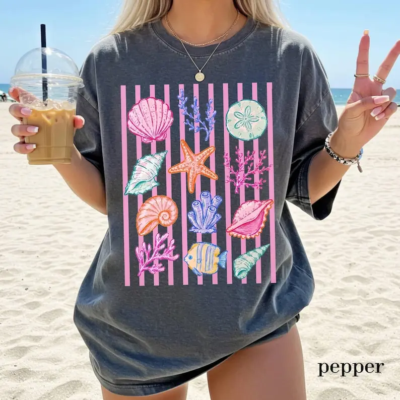 Comfort Colors© Summer Seashells Shirt, Ocean Lover Graphic Tee, Coastal Beach Shell Tee Tshirt, Summer Vacation, Sea Life Cowgirl T-shirt