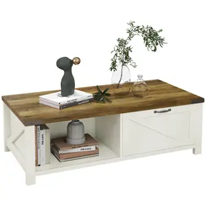 HOMCOM Farmhouse Coffee Table with Storage and Drawer, Rustic Coffee Table for Living Room, Open Shelf, Gray Oak