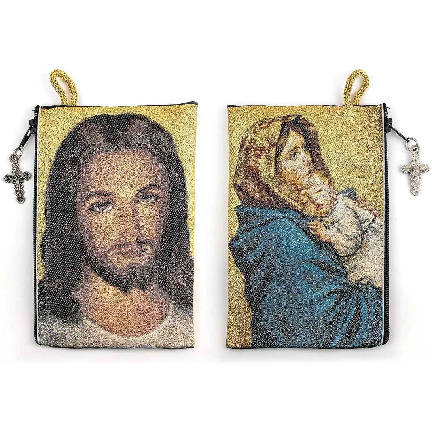 Traditional Woven Tapestry Rosary Pouch - Artwork Decorated Jewelry & Coin Purse with Virgin Mary, Baby Jesus and Face of Christ
