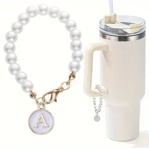[Letter Charm Keychain] Pearl Chain Accessories, Letter Charm for Cup | Initial Charms for Handle, Water Bottle, Tumbler, Name ID Decorations