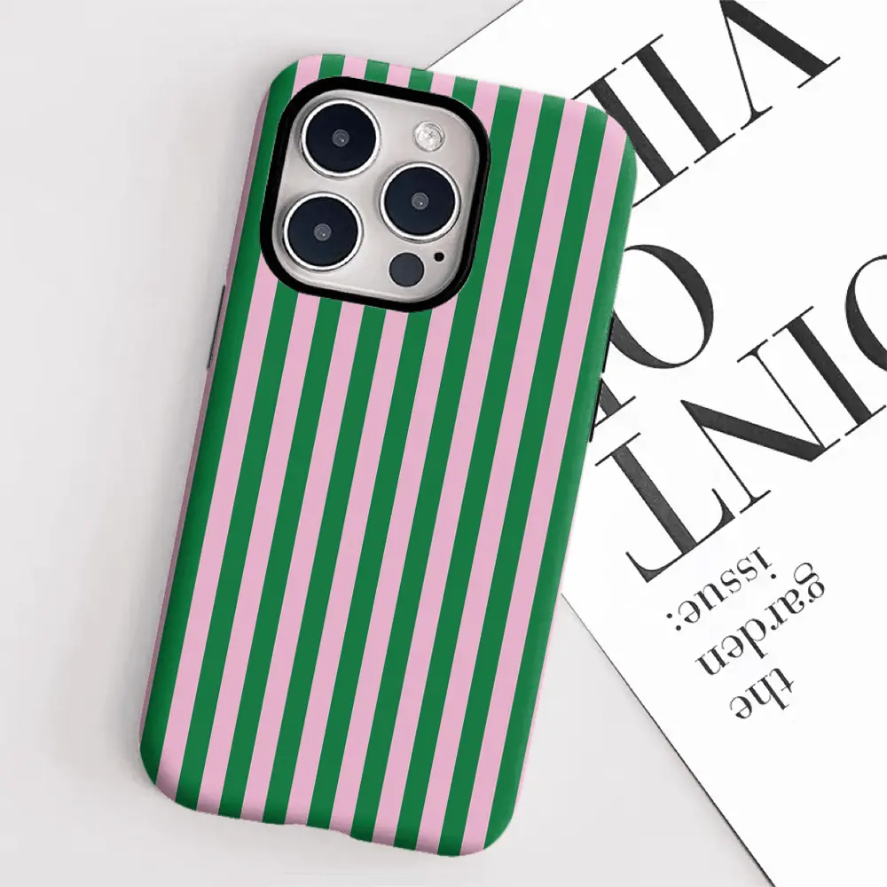 Mixed Color Glossy 2-In-1 Striped Pink & Green Protective Smartphone Casing - Cellphone Accessory for iPhone 16 PM,15 PM,13,13 Mini,12,11,XS Max,7,SE2 - Handheld Device Protection Cover