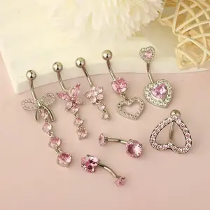 New Stainless Steel Navel Piercing 8Pcs Belly Button Ring Dangle Belly Button Piercing Surgical Stainless Steel Belly Rings Cute Heart Butterfly Flower Dangling Belly Piercing Jewelry for Women