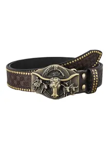 Western Cowboy PU Leather Belt - Western Concho Belts Men Waist Strap Bull Decoration Floral Engraved for Jeans 35-40" Waist Western Belts