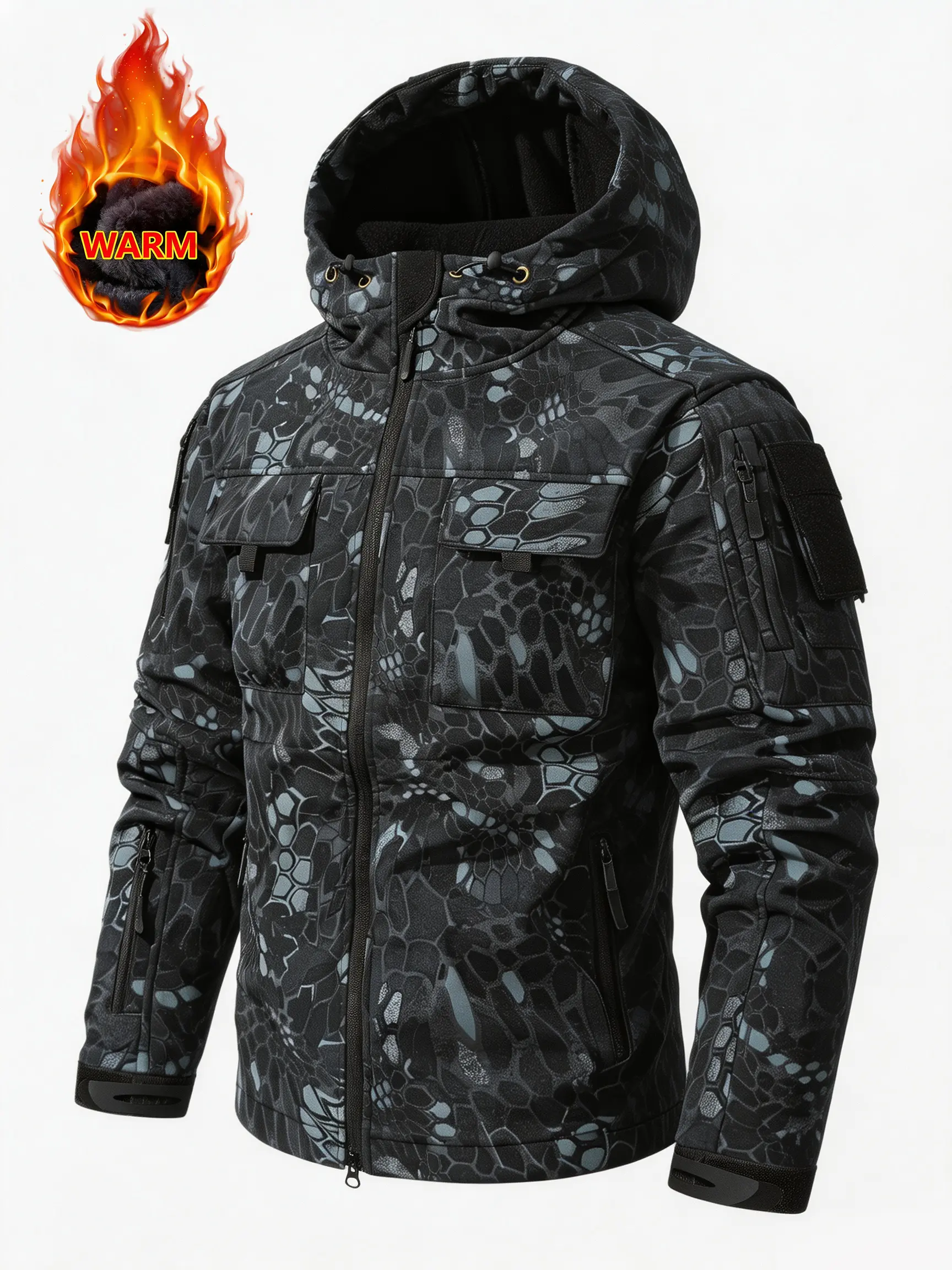 Men's Camo Fleece‑Lined Softshell Jacket, Water Repellent Windproof Hooded Tactical Coat, Multi‑Pocket Warm Outdoor Work Jacket for Hiking Camping