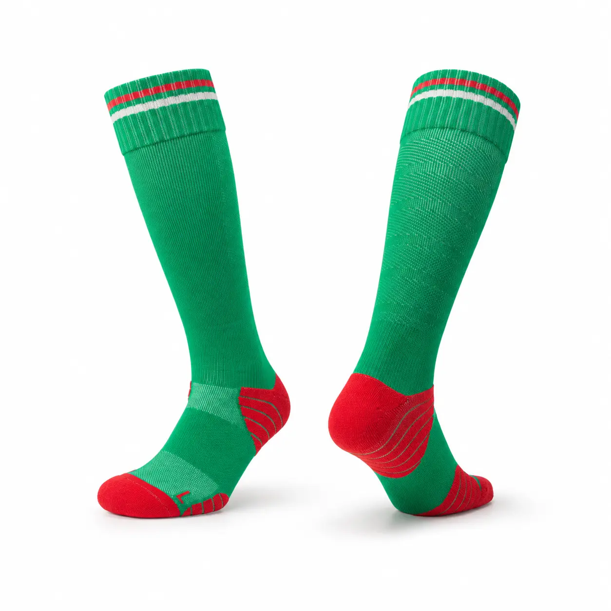 JUPICHUBI Performance Green, Red & White Match Day Soccer Socks – Cushioned Anti-Slip Grip Football Socks with Breathable Mesh and Seamless Toe, Knee-High Athletic Sports Socks for Training and Games