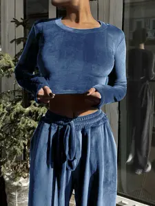 Autumn Winter Casual Knit Elastic Velvet Silk Round Neck Top Pocket Long Pants Home Wear Loungewear Two-Piece Set