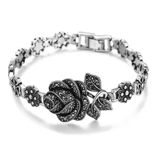 Mytys Vintage Black Onyx Chain Link Rose Flower Design Stackable Marcasite Bangle Bracelet for Women Retro Jewelry Gift