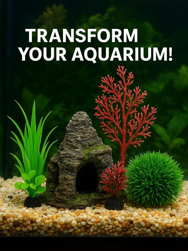 Aquarium Fish Tank Plastic Plants and Cave Rock Decorations Decor Set 7 Pieces, Small and Large Artificial Fish Tank Plants with Cave Rock
