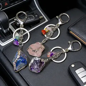 Natural Gemstone Keychain, Clear Quartz & Amethyst Key Chain, DIY Car Key Ring, Perfect Father & Mother's Day Gift