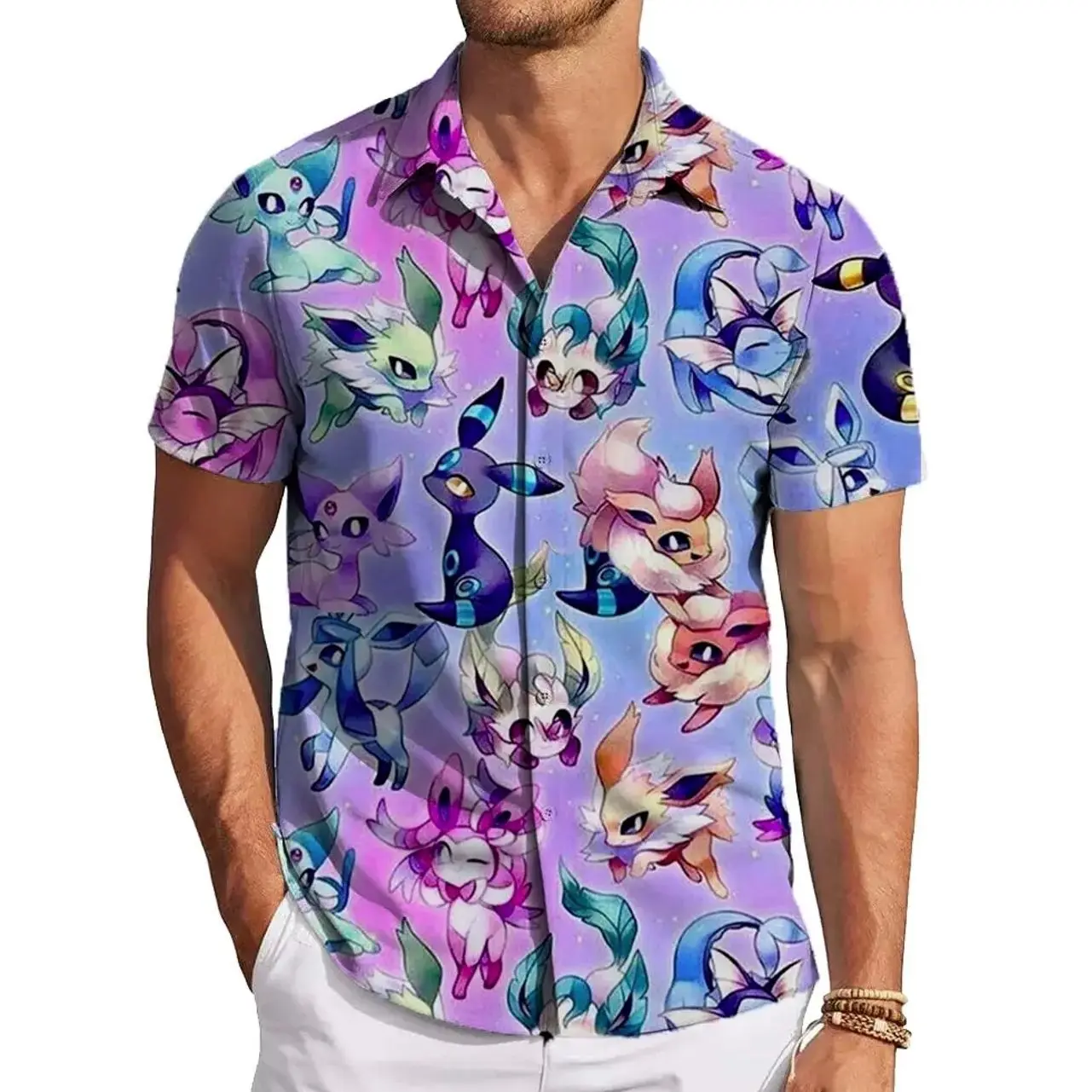 Eevee but make it tropical  – This Hawaiian shirt is giving cute, comfy, and cosplay-ready,  Anime Style, CuteShirt, Summer Look, GiftIdea, Matching Outfit, Hawaii Vibes, Festival Fit, Beach Ready