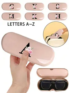 1PC Creamy/Monet-Style Solid Color Glasses Case, Black Letter Pink Rose A-Z Letter Pink Flower Prints Eyeglass Case, Portable, Eyewear Holder, Compact Plastic Storage Box, Initial Glasses Case Hard Shell For Sunglasses, Halloween, Christmas Gift