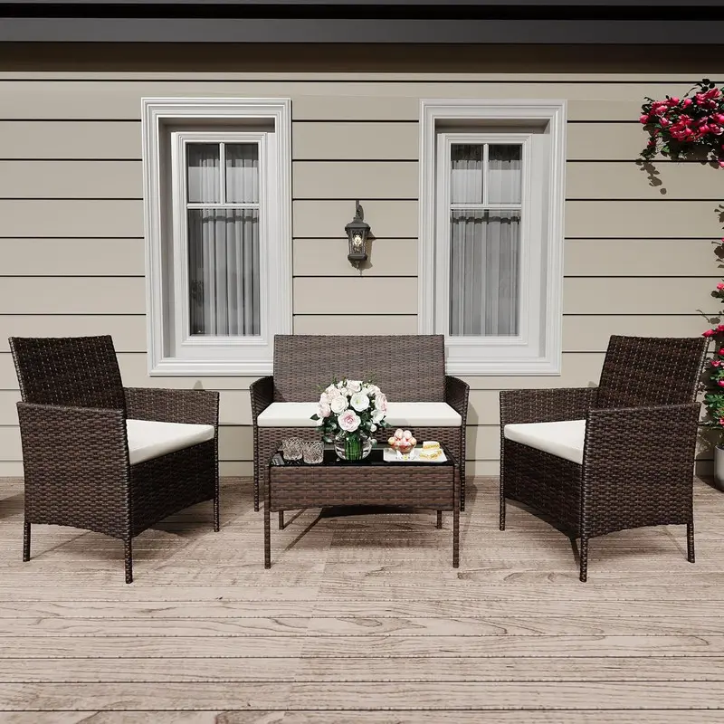 【Christmas Gift】Brown & Beige 4-Piece 4-Seat Outdoor Wicker Conversation Set - Waterproof, Sturdy, Ergonomic Curved-Back Rattan Chairs, Soft Cushions, Woven Texture Glass Table, Easy Assembly Required - All-Weather for Balcony, Lawn, Garden
