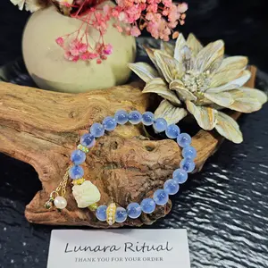 Lunara Ritual Blue Chalcedony Style Bracelet with Lion Inspired Charm Minimalist Cultural Aesthetic Design Elegant Gift for Women or Everyday Wear