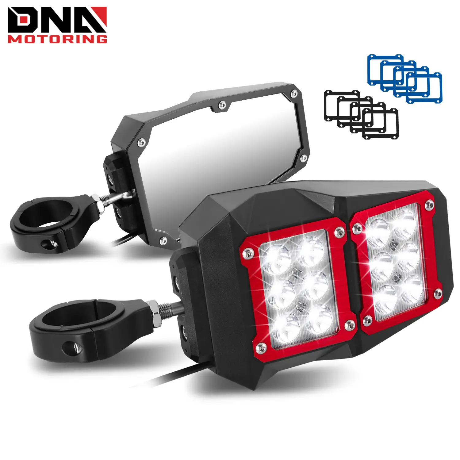 UTV Rear View Side Mirrors w/ 1.75"-2" Clamp, Decorative Trims, White LED Lighting - Replacement Truck Attachment Side Mirror Folding Kits