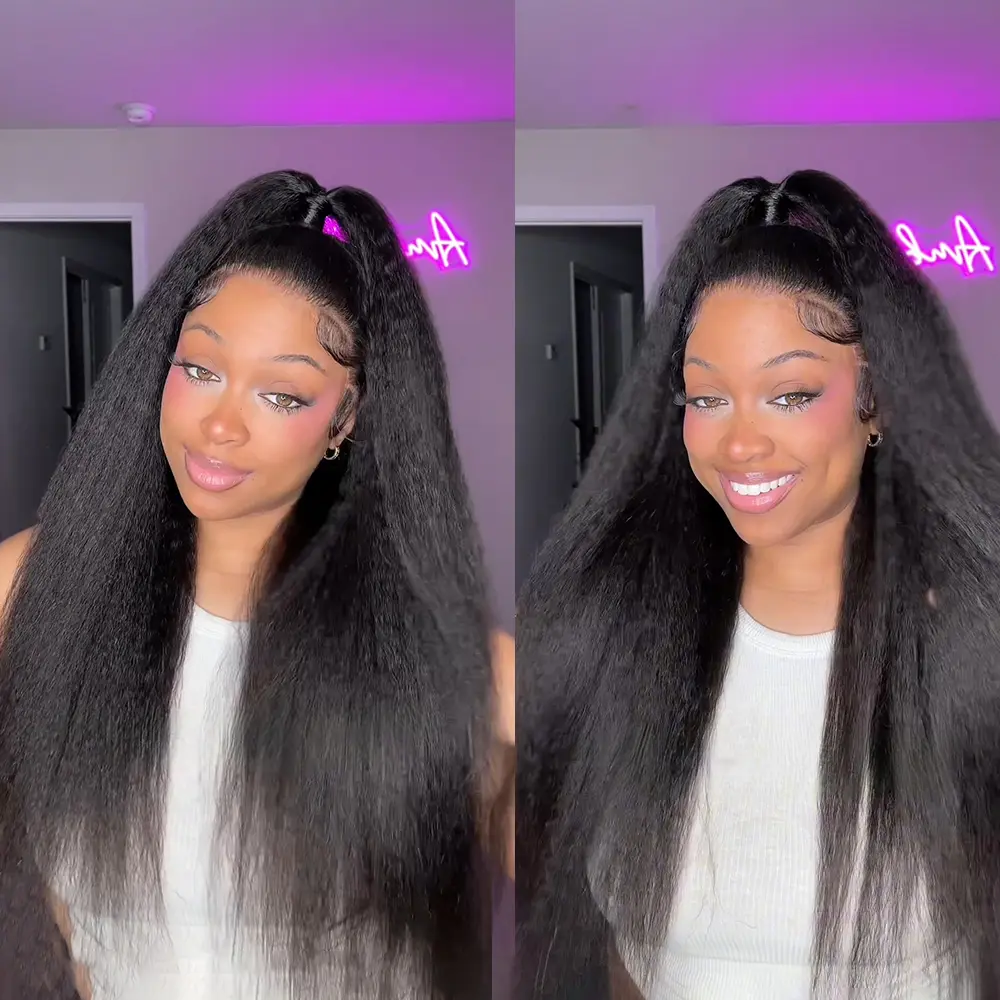 Bling Hair Kinky Straight 360 Pre Cut Human Hair Wigs for Women 13x6 Lace Frontal Wigs 200% Density Glueless Wear and Go 3 In 1 Half Wig Beginner Friendly