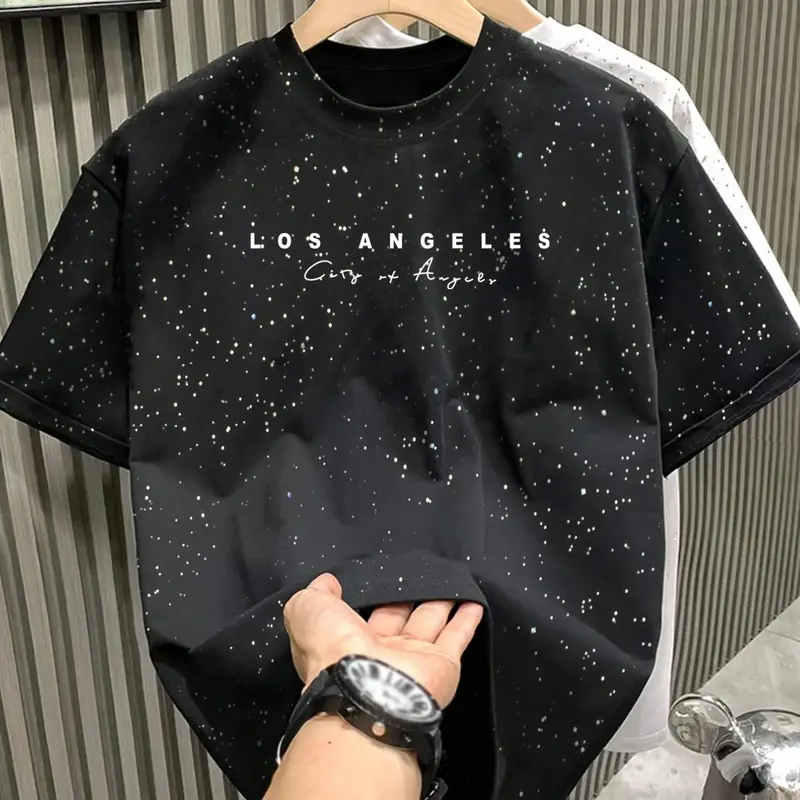 New Men's Black Galaxy Splatter Graphic "Los Angeles" Letter Printed Round Neck Tee, Trendy Summer Tee, Loose Modern Edgy Streetwear, Casual Everyday Wear for Summer Workouts