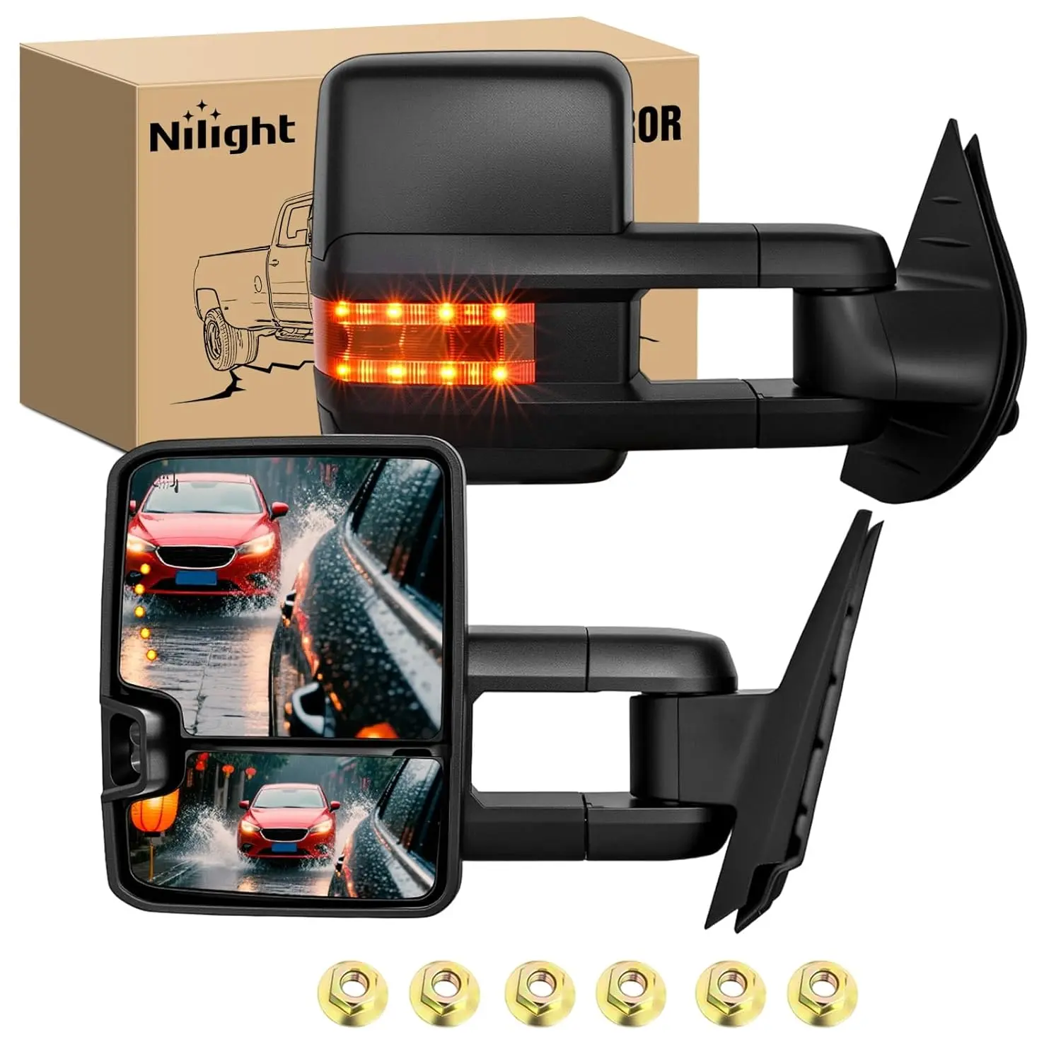 Nilight Truck Towing Mirrors for 2007-2014 Chevy Silverado, GMC Sierra, Yukon XL - Automotive Flat/Convex Glass, Turn Signal, Reverse Puddle Lights, Power Heated Adjustment, Manual Telescoping Fold, Blind Spot Support Auto Replacement Parts, Vehicle