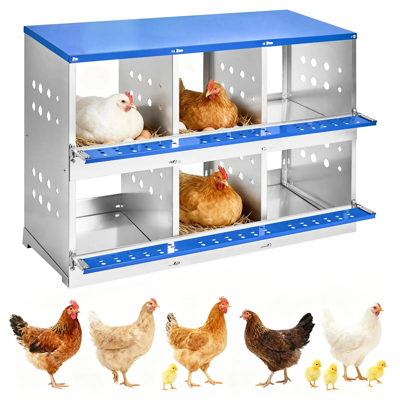 Chicken Nesting Boxes, 6 Compartments Metal Design with Roll Out Egg Collection, Ventilation & Swing Up Perch for Chicken Coop,Egg Laying Boxes for Hens, Ducks,Blue