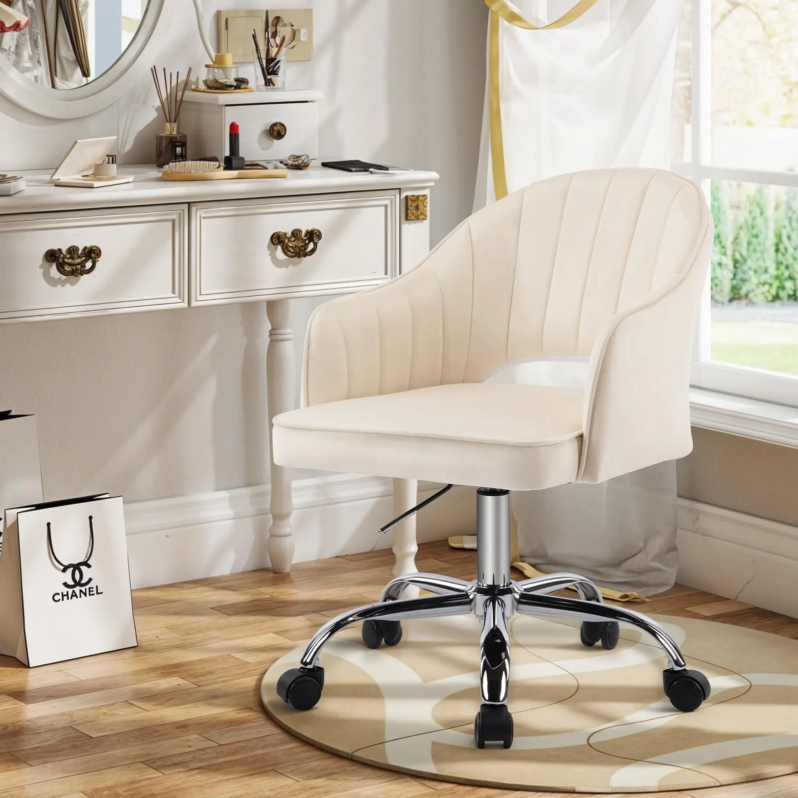 MOJAY Velvet Office Swivel Chair, Criss Cross Chair, Vanity Fabric Desk Pretty Fancy Gold Office Chairs for Girls, 360°Swivel Height Adjustable Reception Chair