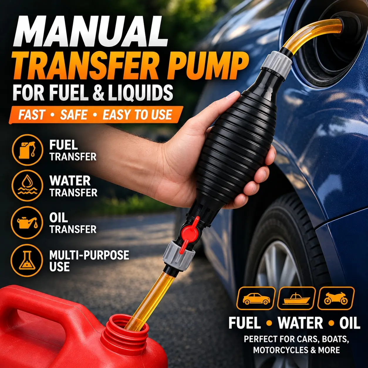 Manual Siphon Pump Kit with 2M Clear PVC Hose, Rubber Pump Bulb, Shut-Off Valve & 2 Screw Caps, Portable Hand Liquid Transfer Pump, Multifunction Liquid Sucker Pump for Fuel Water Oil, Car Boat Motorcycle, Garage, Home & Emergency Use